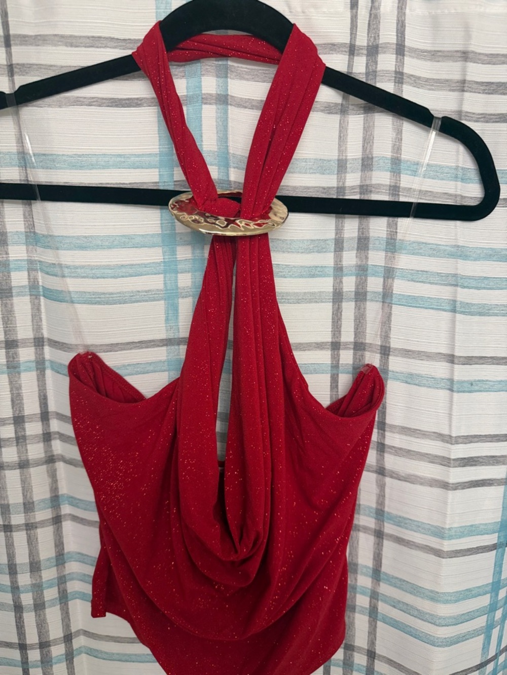 Red Sparkle Halter Draped Women's Top